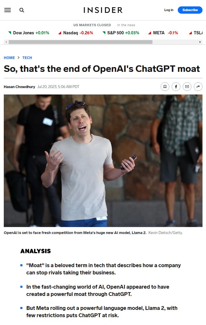 The meme is a screenshot of a news article with the headline "So, that's the end of OpenAI's ChatGPT moat". The image is a photo of a man with a shocked expression, but it's not described in the text. The article is a commentary on the financial struggles of OpenAI, the company behind the popular AI chatbot ChatGPT.